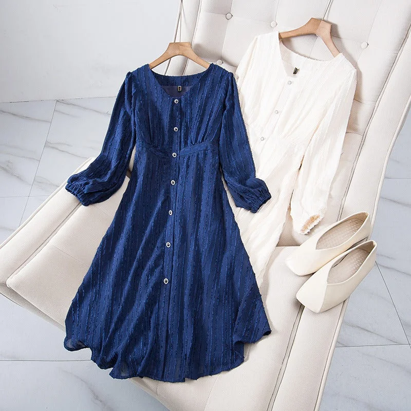 Plus Size Vertical Lines Buttons Long Sleeve Dress Plus Size Satin