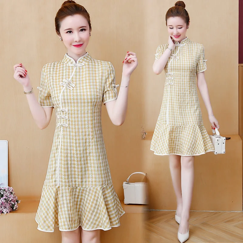 Plus size gingham mermaid cheongsam dress Plus Size Stylish