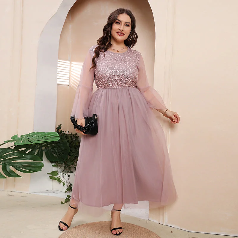 Plus Size Pink Lace Tulle Evening Dress Plus Size Colorblock