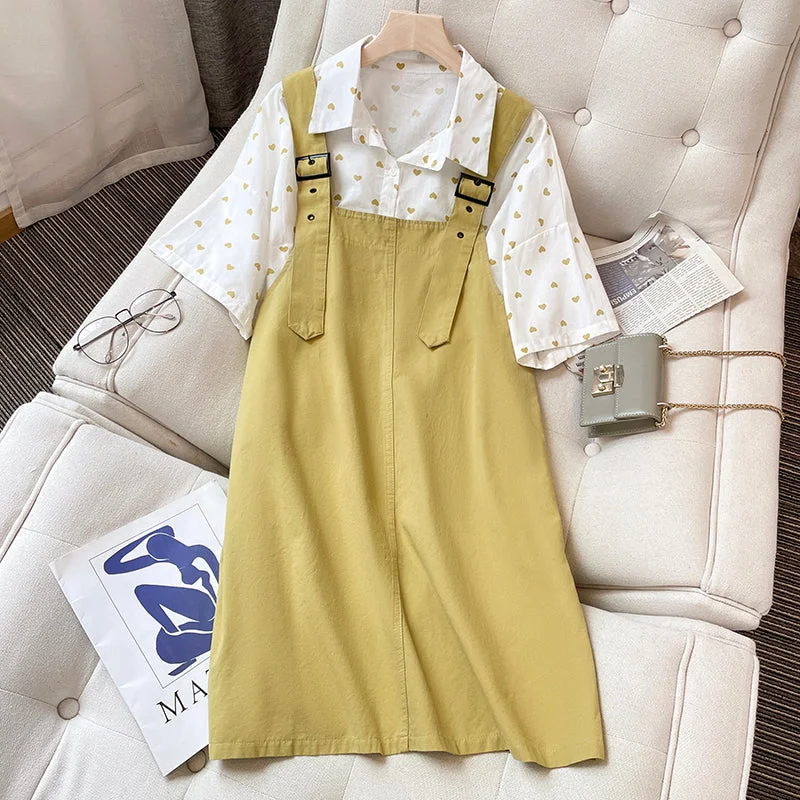 Plus Size Korean Hearts Shirt Blouse and Dungaree Dress Set Plus Size Slit