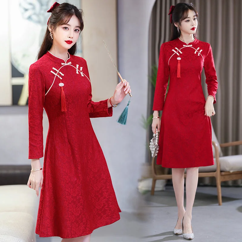 Plus size formal tassel cheongsam long sleeve dress Plus Size Summer