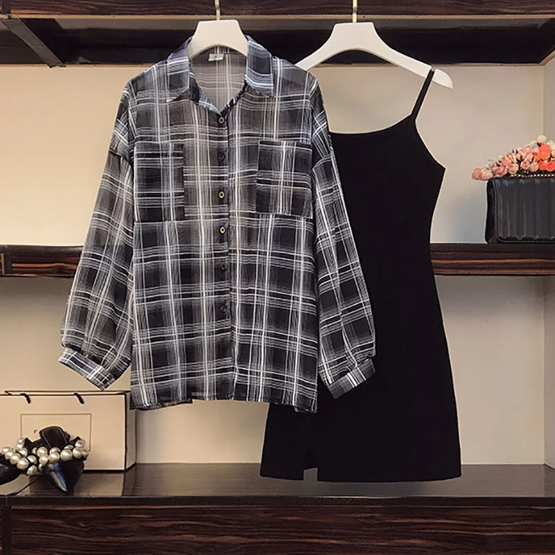 Plus size checks shirt and cami dress set Casual Plus Dress