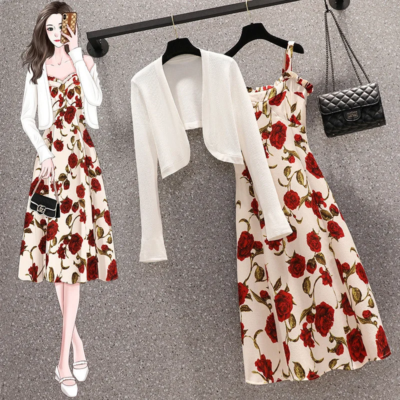 Plus Size White Bolero Cardigan and Rose Dress Set Simple Plus Dress