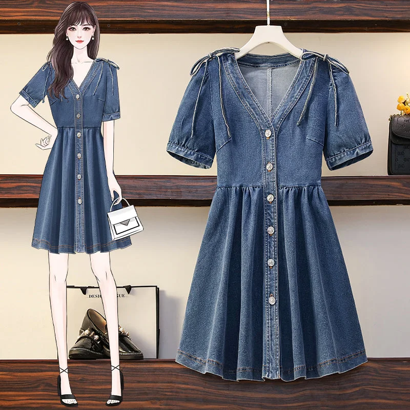 Plus Size Korean Denim Ribbon Shirt Dress Plus Size Day