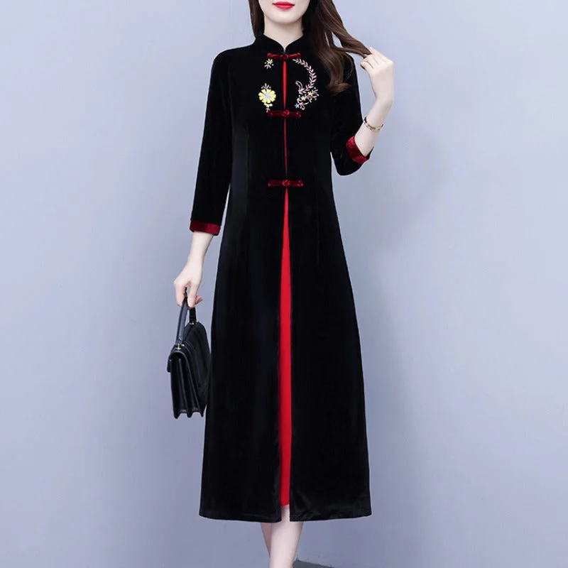 Plus size velvet embroidery formal cheongsam dress Plus Size Formal