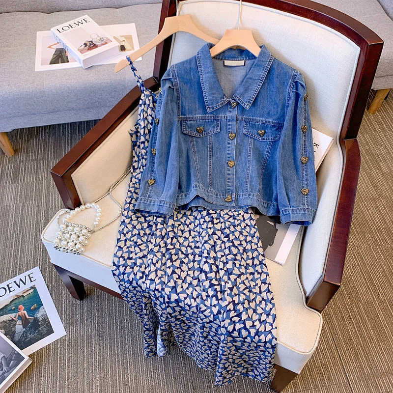 Plus size heart buttons denim jacket and cami dress set Elegant Plus Size Dress