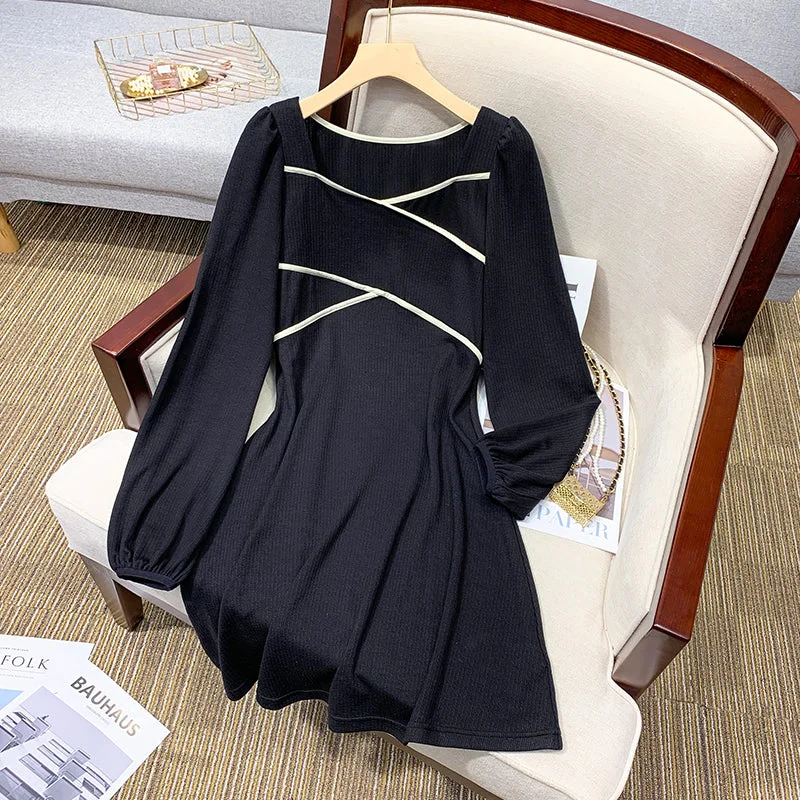 Plus Size Korean Black Long Sleeve Dress Plus Size Wrap