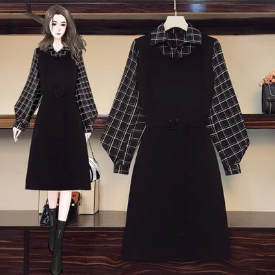 Plus Size Korean Black Long Sleeve Two-Piece Shirt Dress Plus Size Casual