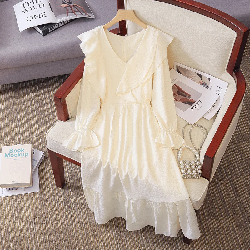 Plus Size White Frills Long Sleeve Dress Chic Plus Size