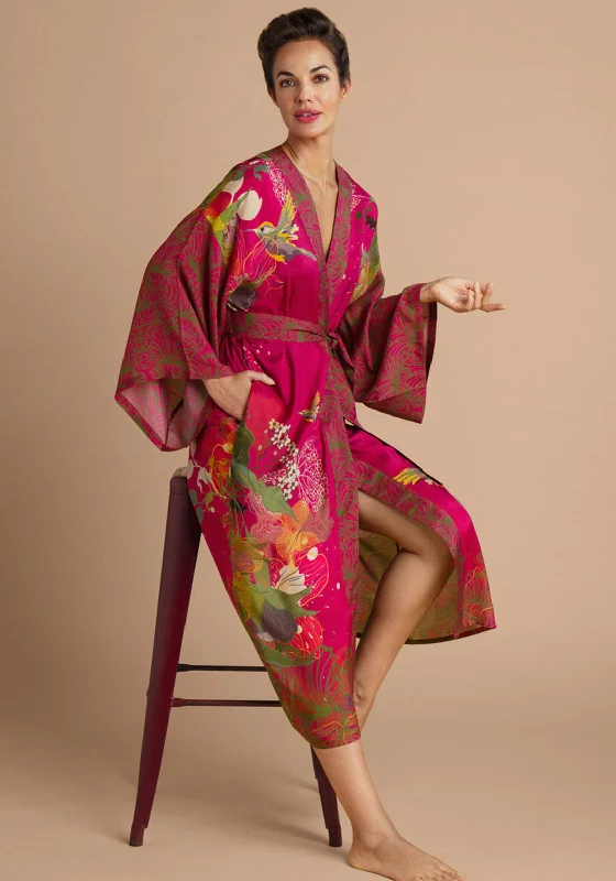 Powder Humming Bird Kimono Gown, Raspberry Travel pajama sets