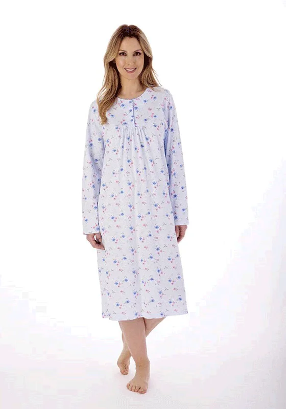 Slenderella Picot Trim jersey Long Sleeve Nightdress, Blue Postpartum pajama sets