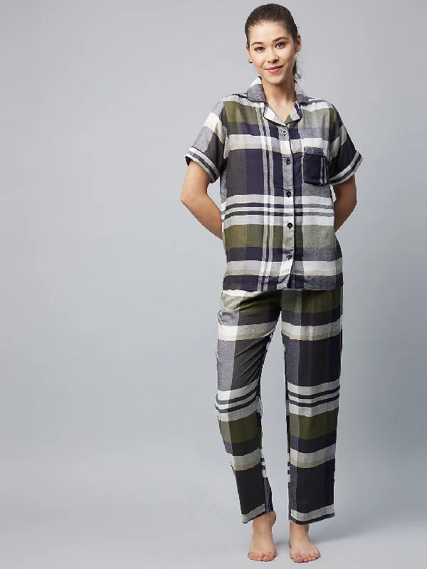 Women's Cotton Olive & Grey Checkered Night Suit - Stylestone Knitted pajama sets