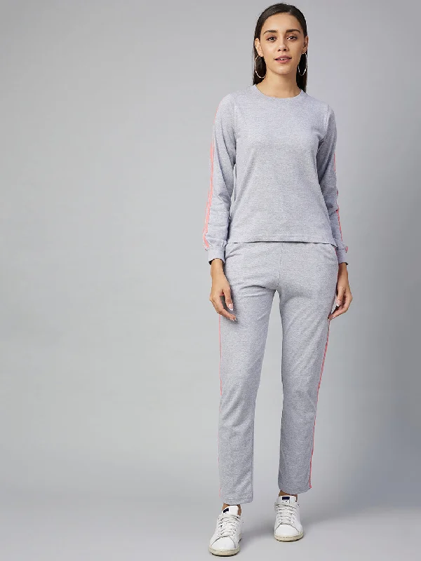 Women's Cotton Light Grey Track Suit Set With Pink Stripe - Stylestone Family matching pajama sets