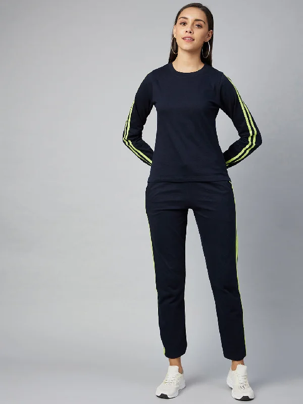 Women's Cotton Navy Blue Track Suit Set With Lime Green Stripe - Stylestone Best pajama sets for relaxing weekends