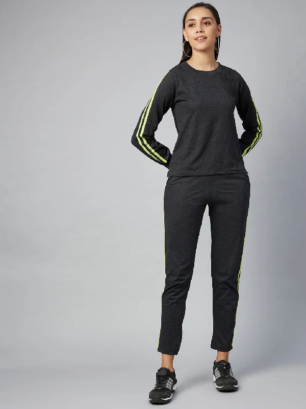 Women's Cotton Dark Grey Track Suit Set With Lime Green Stripe - Stylestone H&M pajama sets