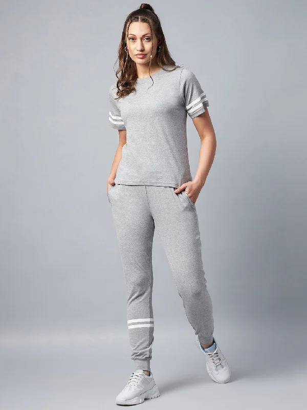 Women's Grey Striped Cotton Tracksuit Set - Stylestone Plus size pajama sets