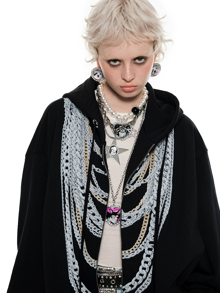 Black & White Oversized Chain Print Hoodie Cardigan Work sweaters