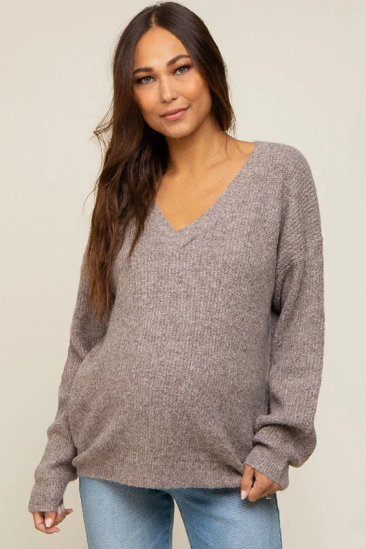 Mocha V-Neck Relaxed Fit Maternity Sweater Anti-pilling sweaters