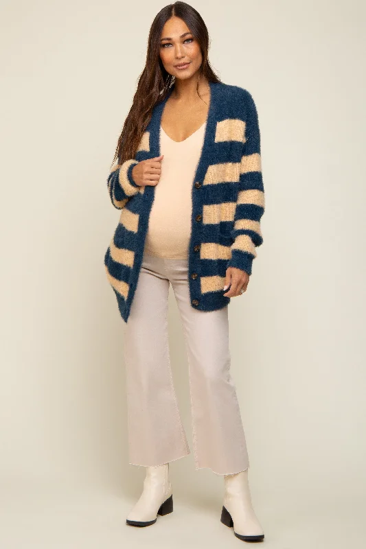 Navy Blue Striped Fuzzy Maternity Cardigan Christmas sweaters