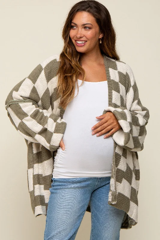 Olive Checkered Print Oversized Maternity Cardigan Lightweight sweaters