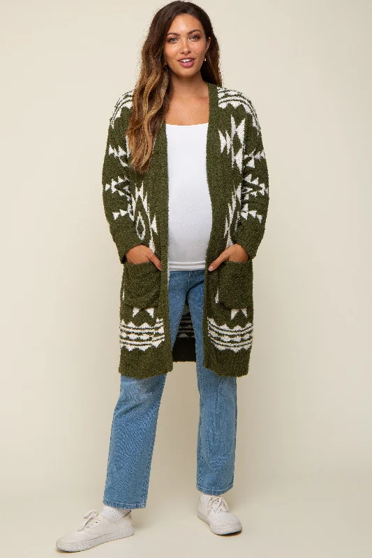 Olive Print Fuzzy Maternity Cardigan Fleece sweaters