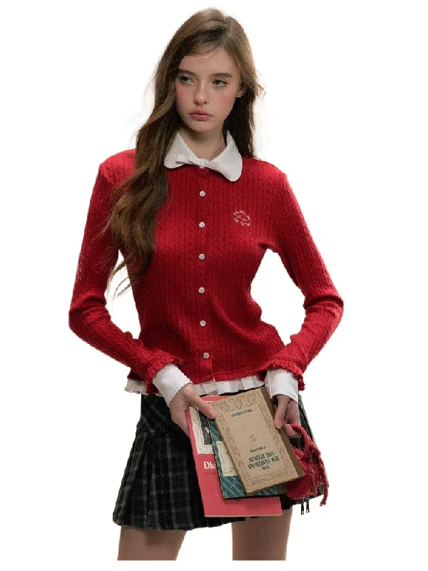 Red & Gray Doll Collar Two-Piece Knit Top Trendy oversized sweaters