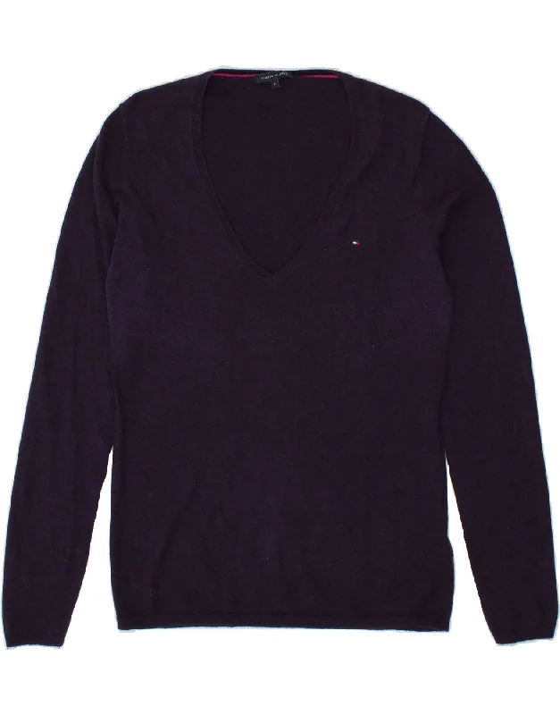 TOMMY HILFIGER Womens V-Neck Jumper Sweater UK 14 Large Navy Blue Wool Vintage sweaters