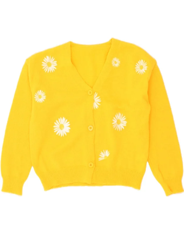 VINTAGE Womens Cardigan Sweater UK 16 Large Yellow Floral Polyester Designer sweaters