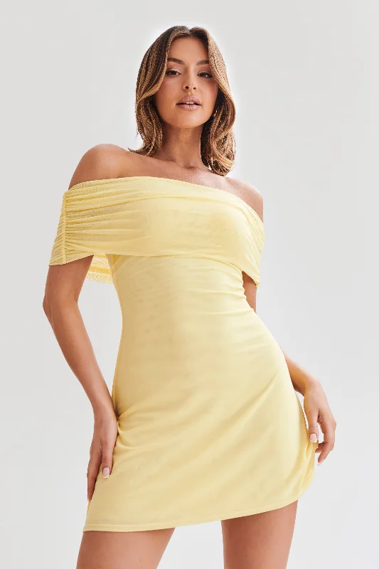 Josie Off Shoulder Mesh Mini Dress - Lemon Comfortable mini dresses for everyday wear