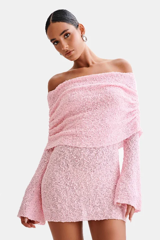 Marisol Off Shoulder Boucle Mini Dress - Baby Pink Affordable mini dresses