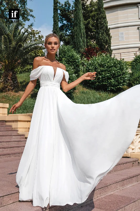 71072 - Off Shoulder Cap Sleeves A-Line Illusion Boho Wedding Dress Floral Wedding Gown