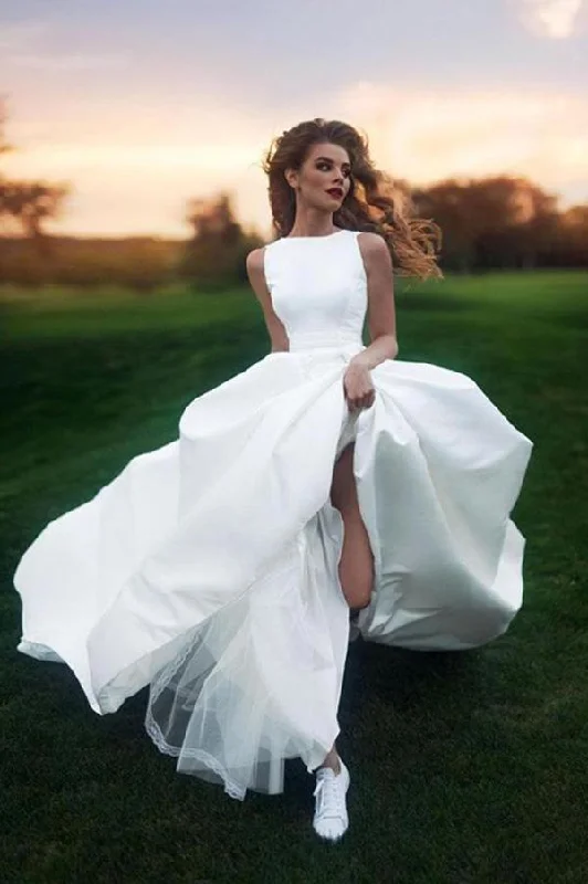 Elegant A-line Bateau Ivory Sleeveless Satin Prom Dress Simple Wedding Dress WK443 Simple Wedding Dress