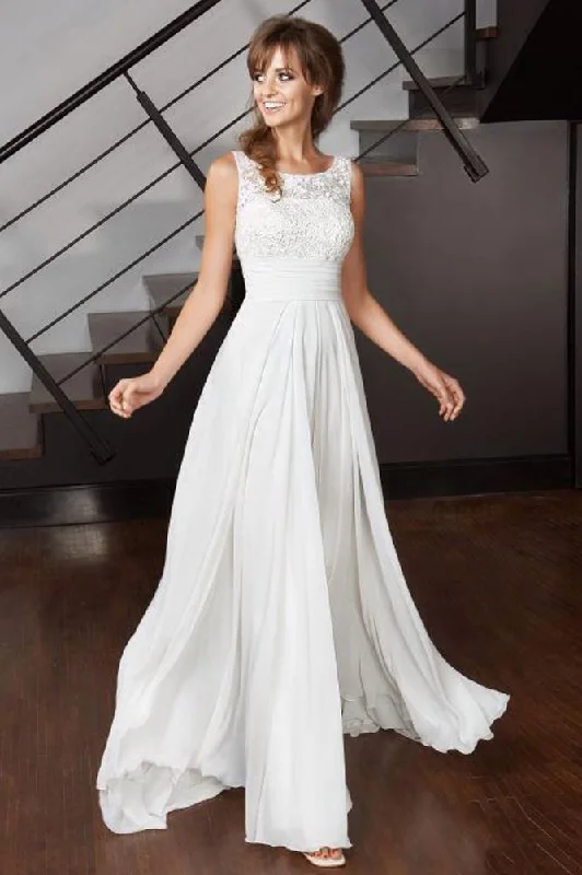 Elegant A Line Scoop Chiffon Ivory Long Appliques Beach Wedding Dresses with Lace WK971 Lace Wedding Gown