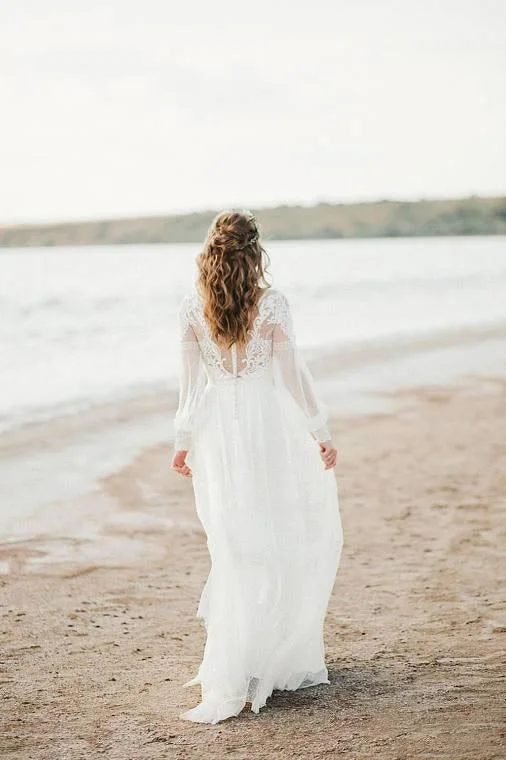 Elegant A Line See Through Long Sleeve Lace Appliques Ivory Beach Wedding Dresses WK873 Beaded Wedding Gown