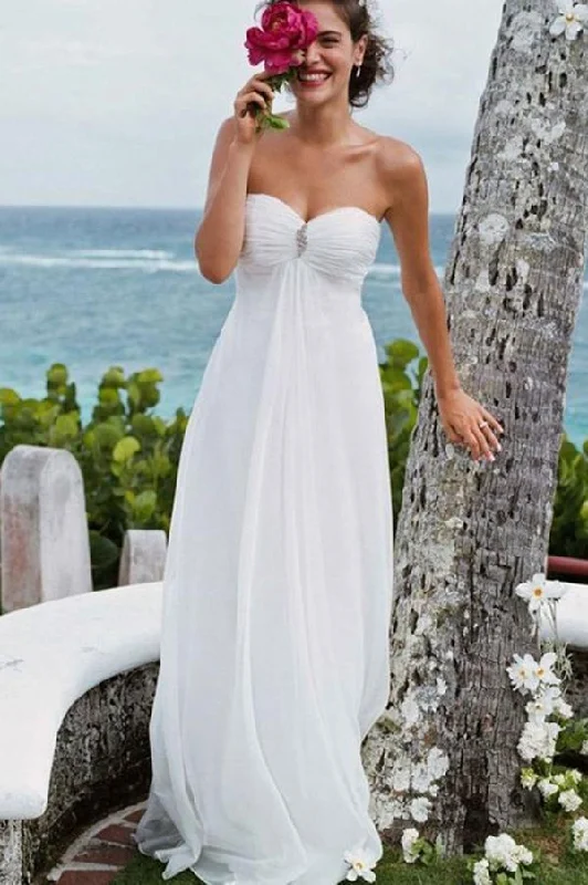 Elegant A-Line Sweetheart White Strapless Chiffon Beach Wedding Dress with Beads WK784 Off-shoulder Bridal Gown