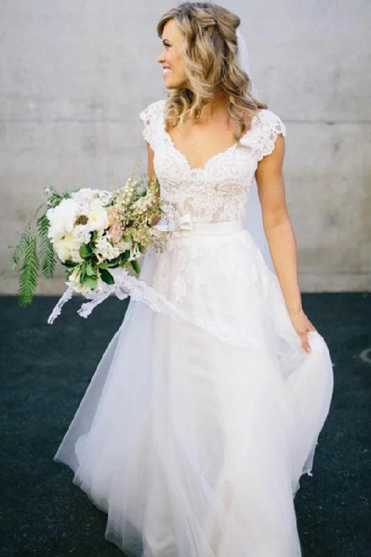 Elegant A-Line V Neck Cap Sleeves Tulle Appliques White Wedding Dresses with Lace WK713 Simple Wedding Gown