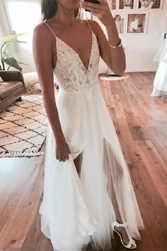 Elegant A Line V Neck Ivory Spaghetti Straps Lace Slit Wedding Gowns with Beads W1020 Beautiful Bridal Gown