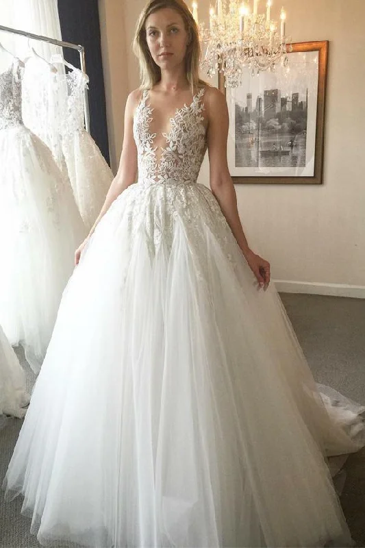 Elegant Ball Gown Round Neck Ivory Open Back Wedding Dress with Appliques Bridal Dresses WK449 Lace V-neck Dress