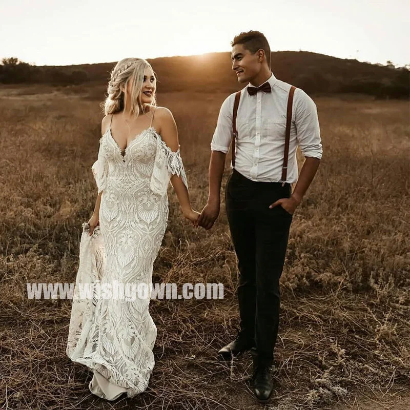 Elegant V-neck  Spaghetti Strap Lace Long Wedding Dresses WDH006 Elegant A-line Gown