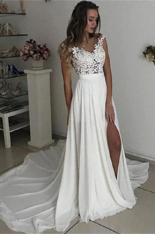 Formal Long Ivory Lace Chiffon Side Slit Cap Sleeve Cheap Beach Wedding Dresses Classic Bridal Gown