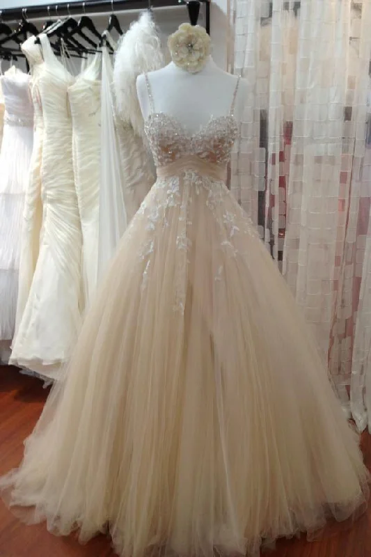 Ivory tulle lace sequins A-line dress with straps wedding dresses Beaded Bridal Gown