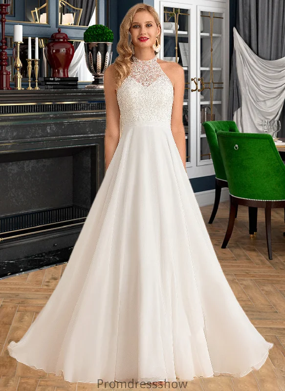 Karley A-Line High Neck Floor-Length Chiffon Wedding Dress STKP0013702 Off-shoulder Gown