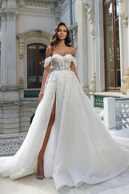 Lace White Sleeveless Off-the-shoulder Wedding Dress With High Slit Beaded Bridal Gown