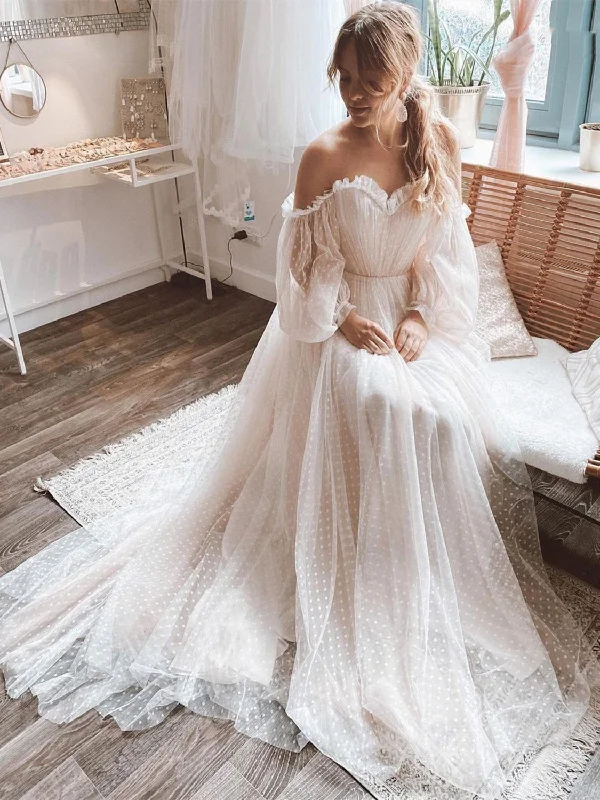 Long Sleeves Off Shoulder Polka Dots Wedding Dressesm Boho Wedding Dresses, A-line Wedding Dresses, 2021 Wedding Dresses Off-shoulder Wedding Gown