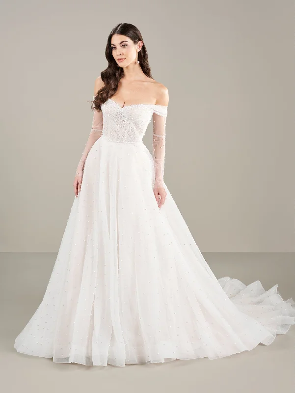 Pearl Beaded Off Shoulder Bridal Gown by Adrianna Papell 31278 Full Length Gown