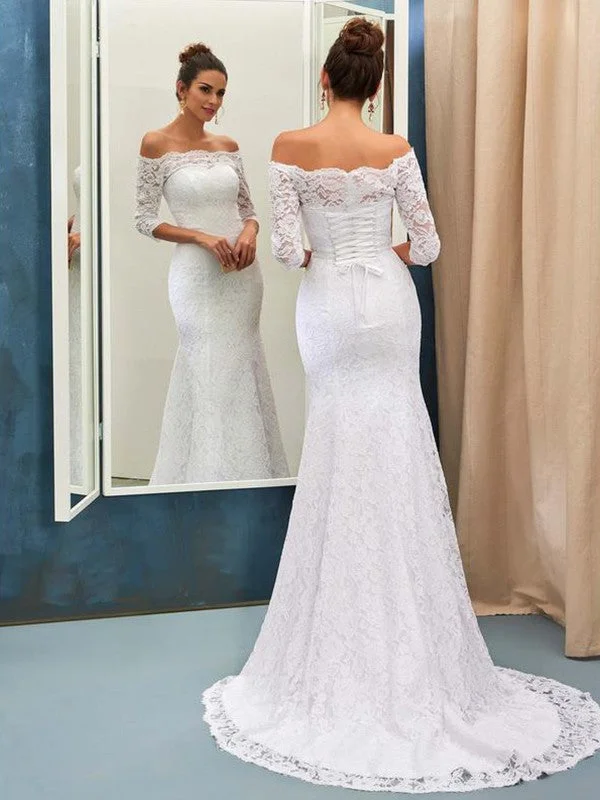 Trumpet/Mermaid Off-the-Shoulder 1/2 Sleeves Lace Sweep/Brush Train Wedding Dresses TPP0006296 A-line Bridal Dress