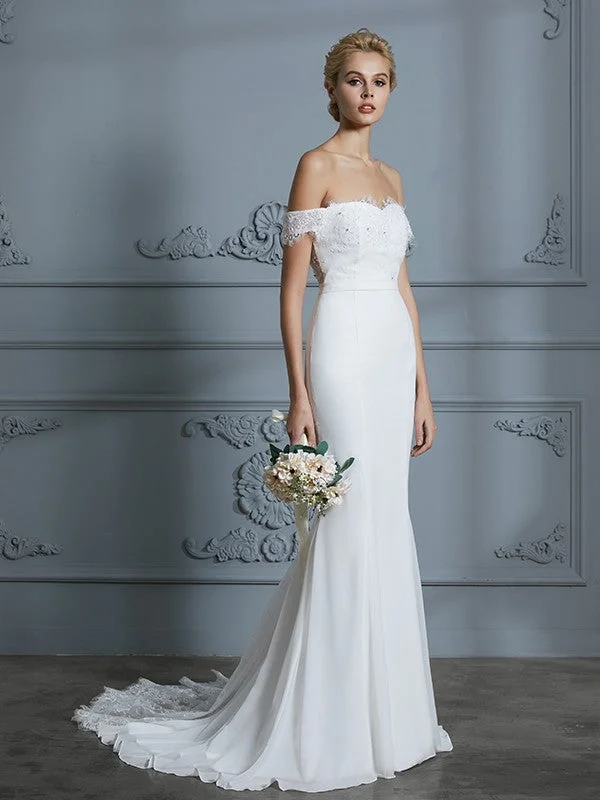 Trumpet/Mermaid Off-the-Shoulder Sleeveless Lace Chiffon Sweep/Brush Train Wedding Dresses TPP0006339 Satin Bridal Gown