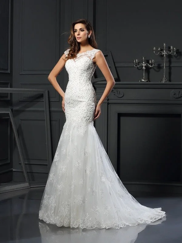 Trumpet/Mermaid Scoop Applique Short Sleeves Long Tulle Wedding Dresses TPP0006321 Strapless Wedding Gown