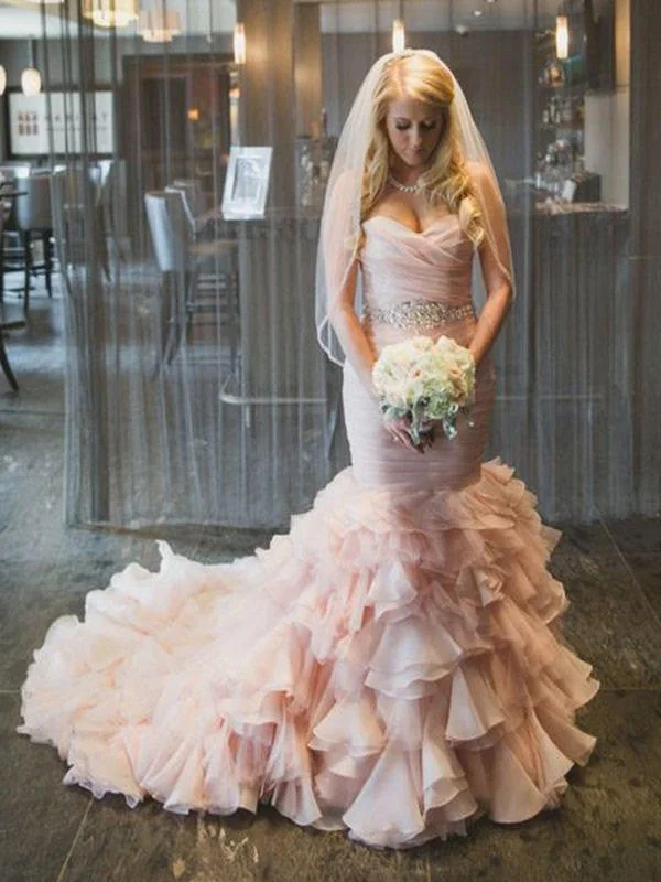 Trumpet/Mermaid Sleeveless Sweetheart Court Train Ruffles Organza Wedding Dresses TPP0006324 Full Skirt Wedding