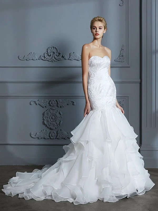 Trumpet/Mermaid Sweetheart Sleeveless Ruffles Sweep/Brush Train Organza Wedding Dresses TPP0006298 Sleek Wedding Dress